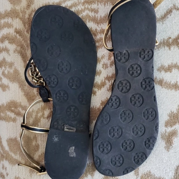 TORY BURCH Black & Gold Leather Sandals Flats - Picture 3 of 5
